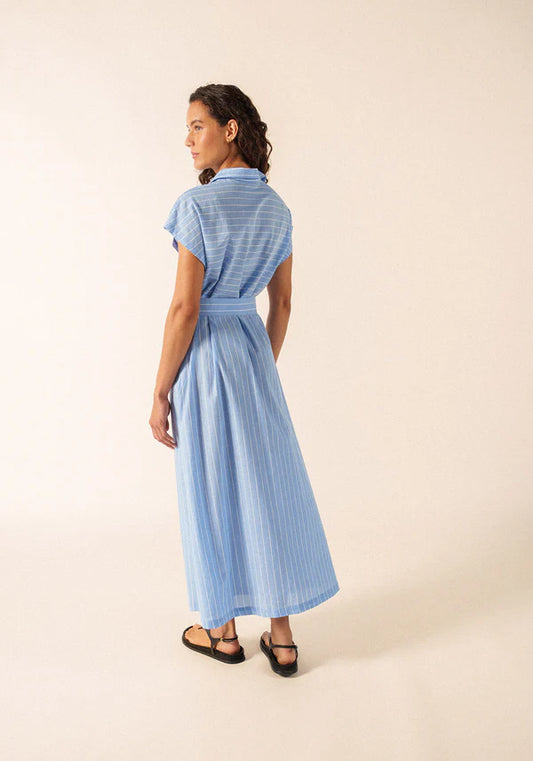 Saint James Blue Striped Cap Sleeve Belt Tie Cotton Maxi Shirt Dress MAELYS 4647
