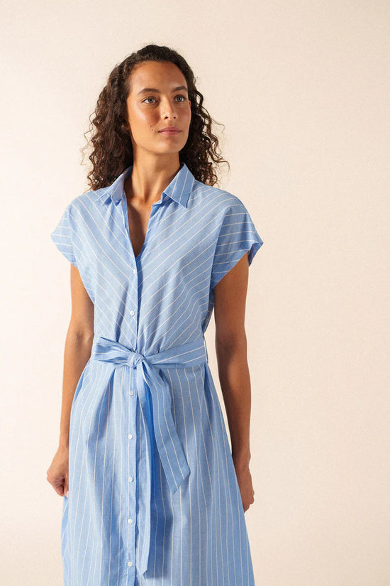 Saint James Blue Striped Cap Sleeve Belt Tie Cotton Maxi Shirt Dress MAELYS 4647
