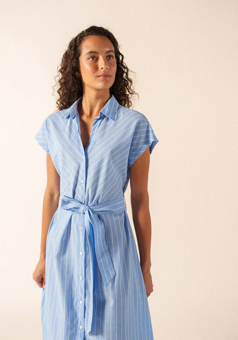 Saint James Blue Striped Cap Sleeve Belt Tie Cotton Maxi Shirt Dress MAELYS 4647