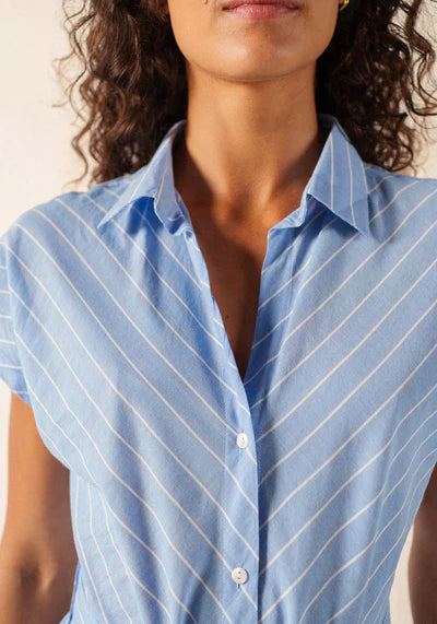 Saint James Blue Striped Cap Sleeve Belt Tie Cotton Maxi Shirt Dress MAELYS 4647