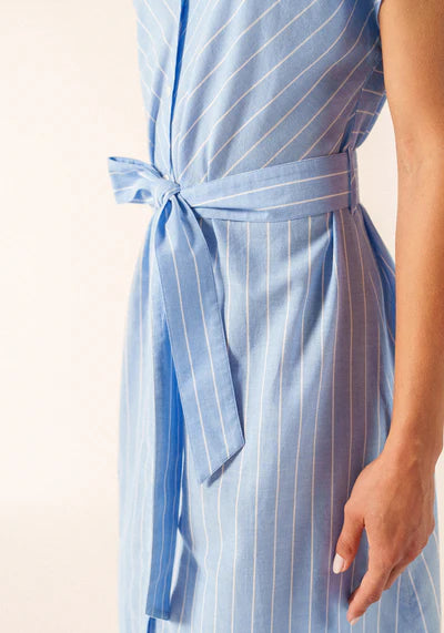 Saint James Blue Striped Cap Sleeve Belt Tie Cotton Maxi Shirt Dress MAELYS 4647