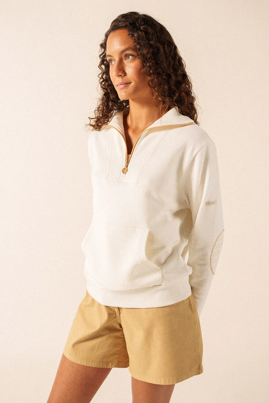 Saint James Cream Quarter Zip Embroidered Elbow Patch Sweatshirt