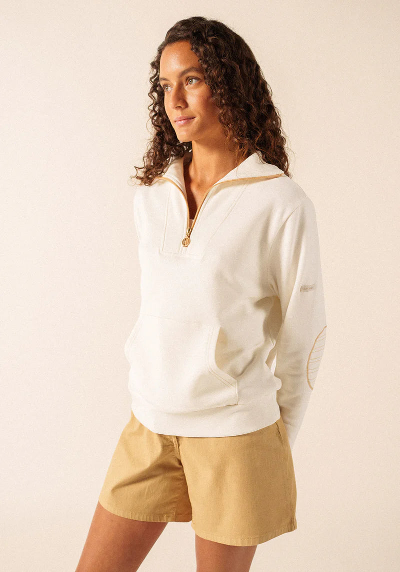 Saint James Cream Quarter Zip Embroidered Elbow Patch Sweatshirt