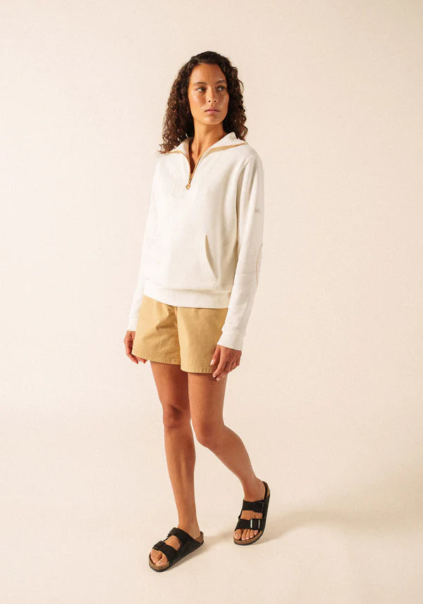 Saint James Cream Quarter Zip Embroidered Elbow Patch Sweatshirt
