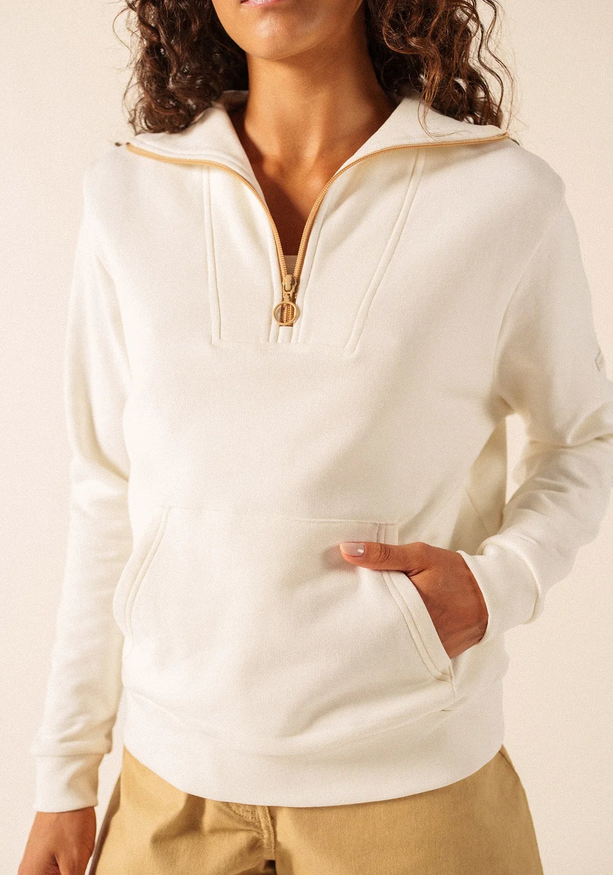 Saint James Cream Quarter Zip Embroidered Elbow Patch Sweatshirt