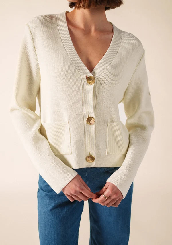 Saint James White V-Neck Wool Cardigan