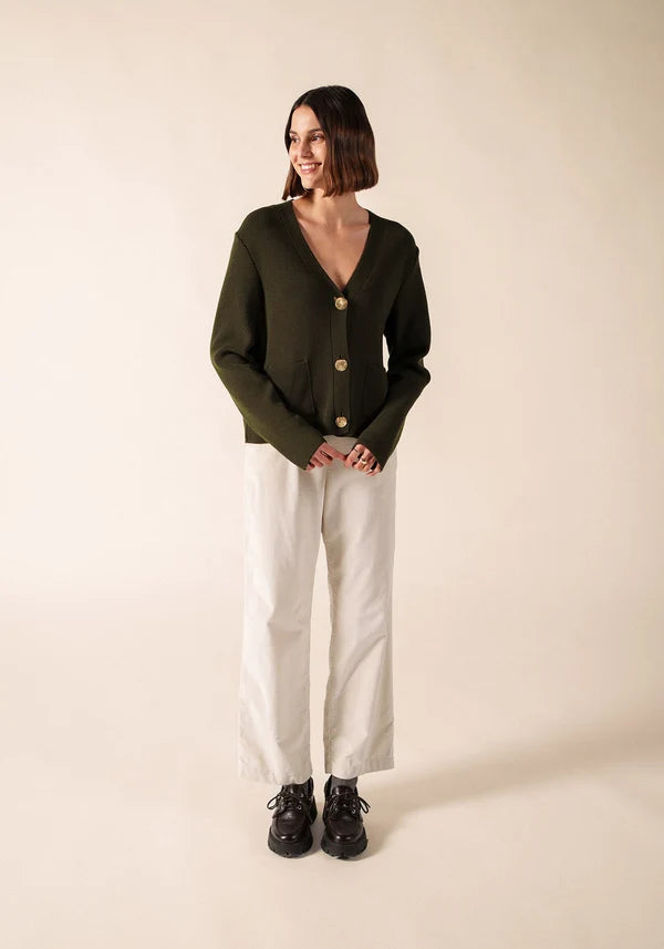Saint James Khaki V-Neck Wool Cardigan