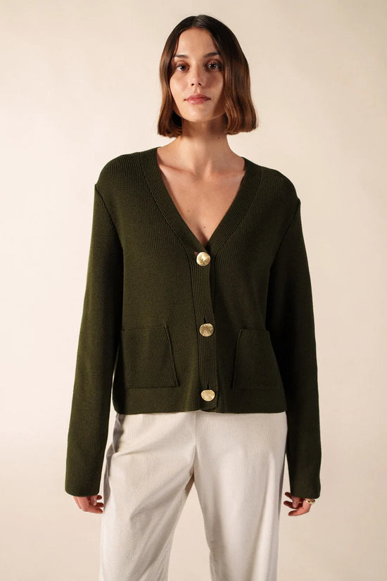 Saint James Khaki V-Neck Wool Cardigan