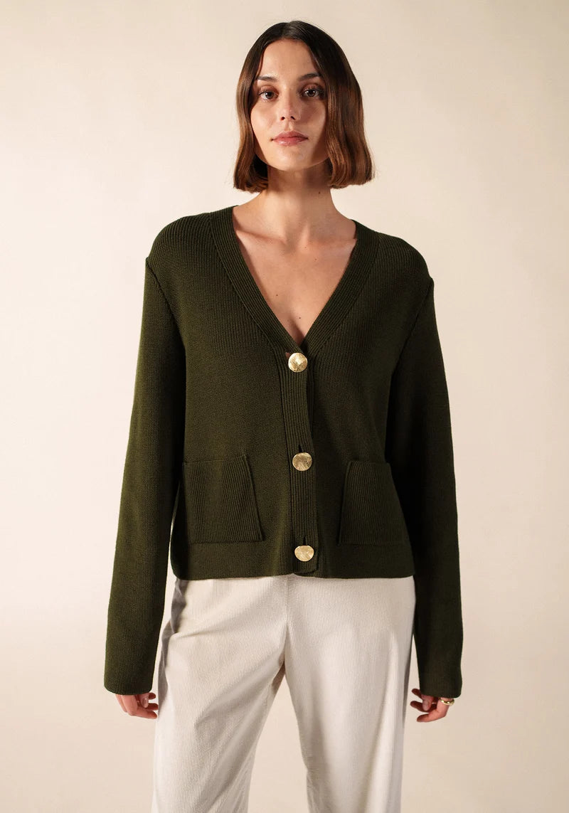 Saint James Khaki V-Neck Wool Cardigan