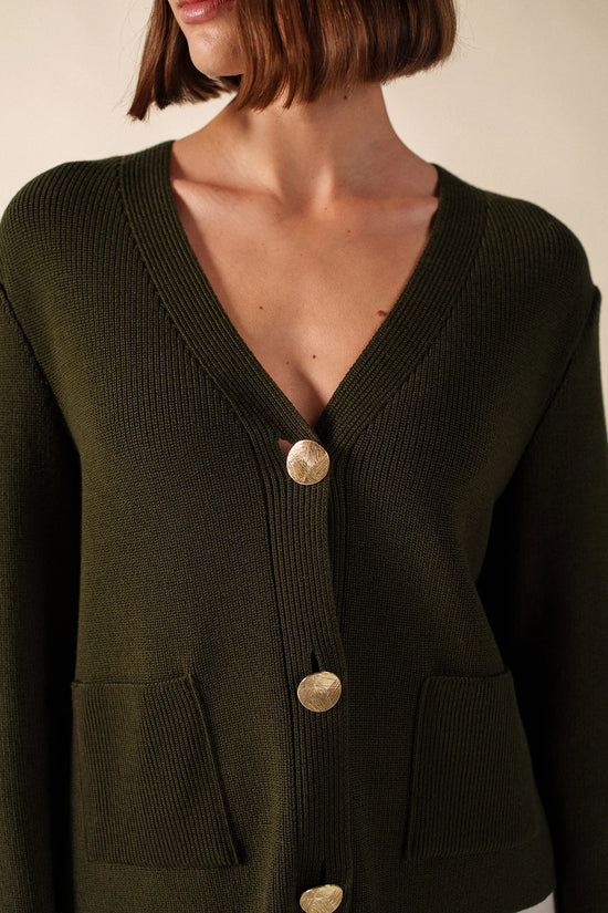Saint James Khaki V-Neck Wool Cardigan