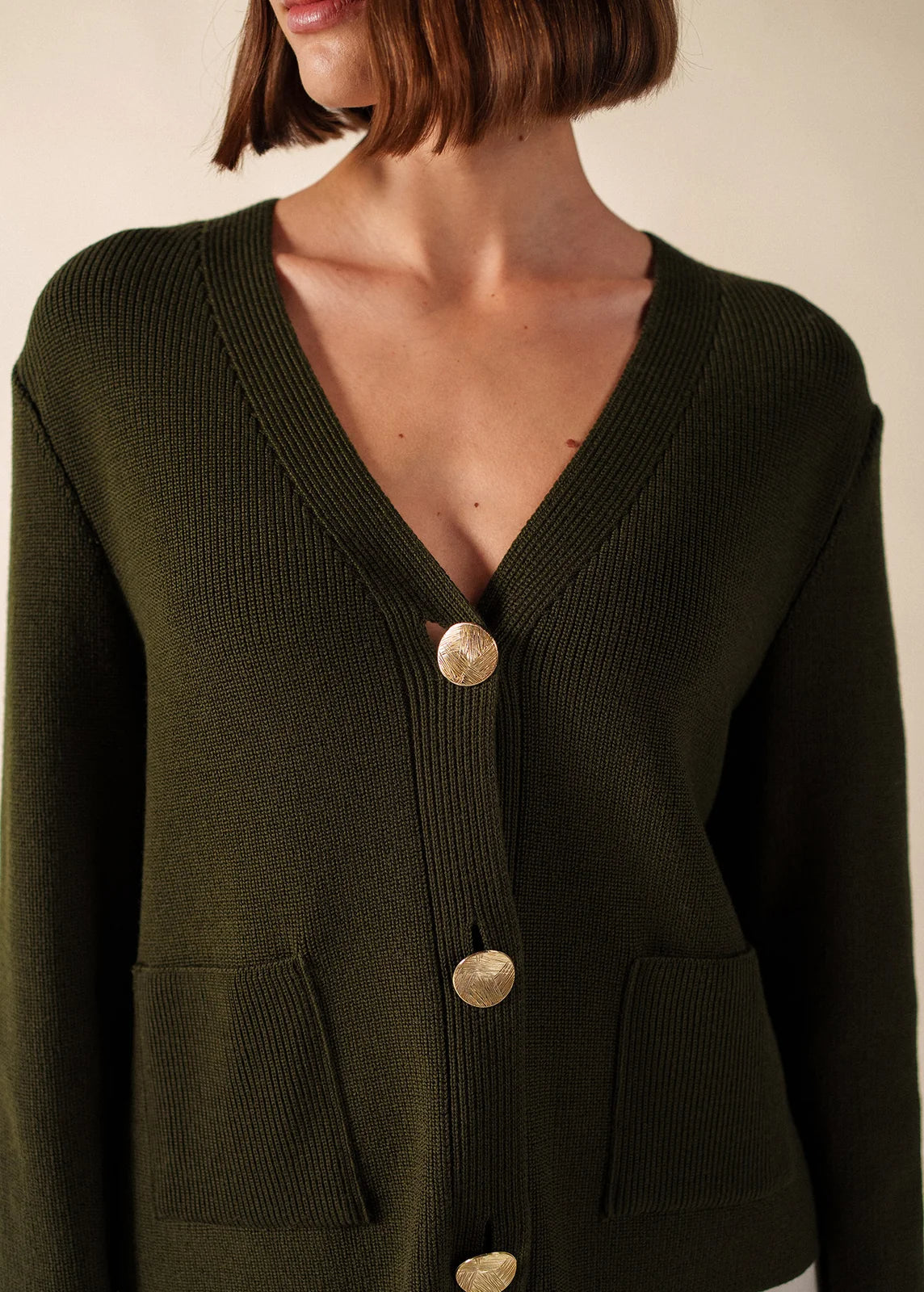 Saint James Khaki V-Neck Wool Cardigan