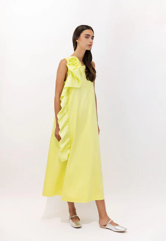 Psophia Lemon Sculptural Rosette Mercerized Cotton Midi Dress