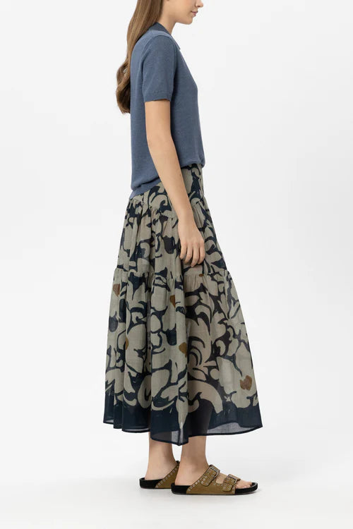 Luisa Cerano Tinted Blue Tiered Maxi Skirt with Flower Print 538327