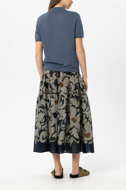 Luisa Cerano Tinted Blue Tiered Maxi Skirt with Flower Print 538327