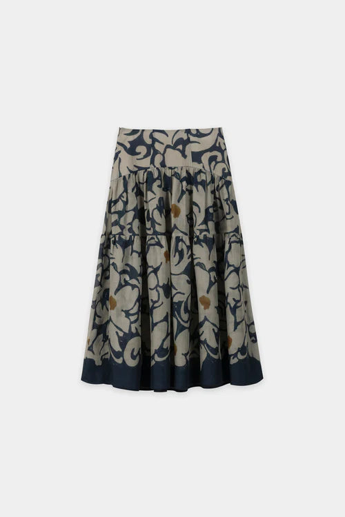 Luisa Cerano Tinted Blue Tiered Maxi Skirt with Flower Print 538327