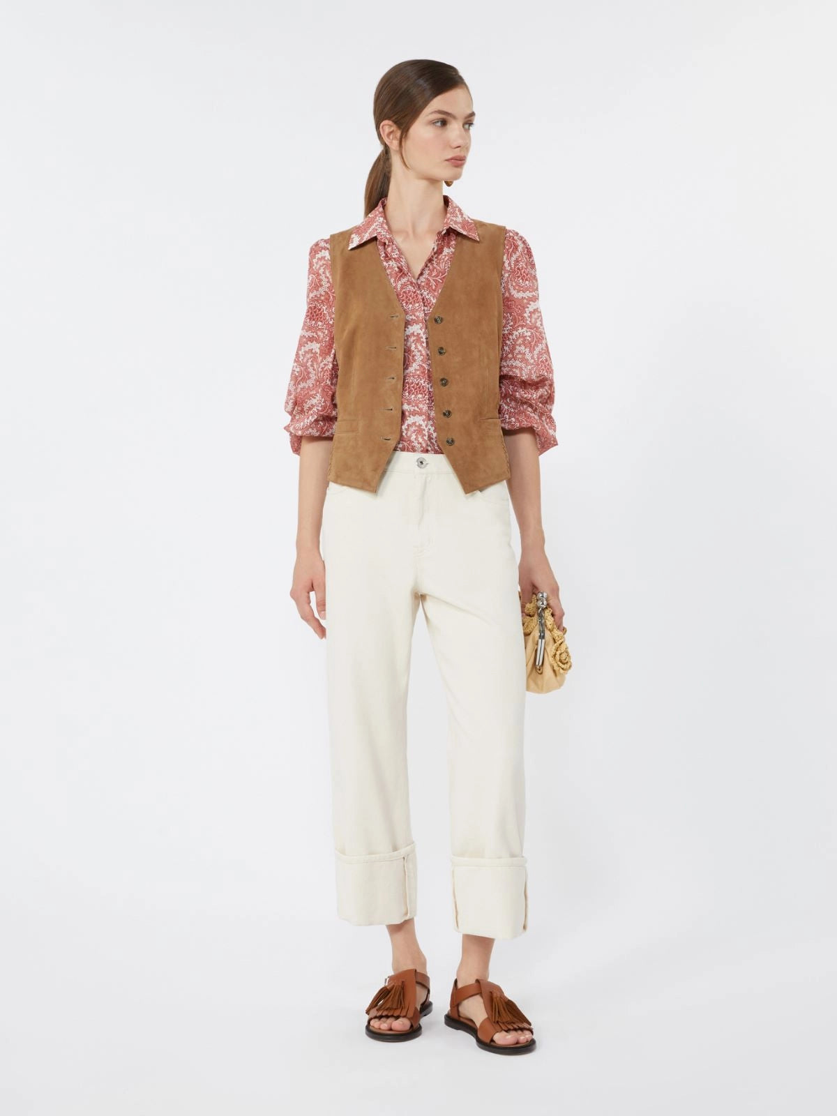 Max Mara Weekend Brown Suede Leather Fitted Waistcoat