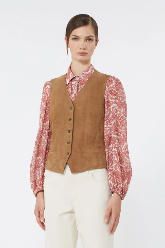 Max Mara Weekend Brown Suede Leather Fitted Waistcoat