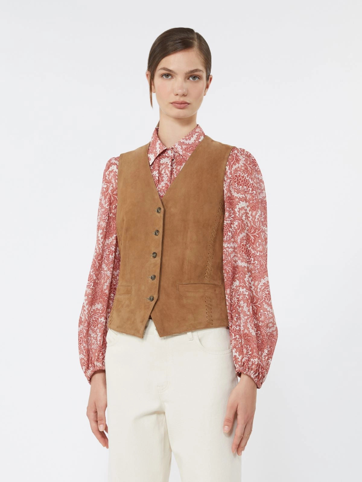 Max Mara Weekend Brown Suede Leather Fitted Waistcoat