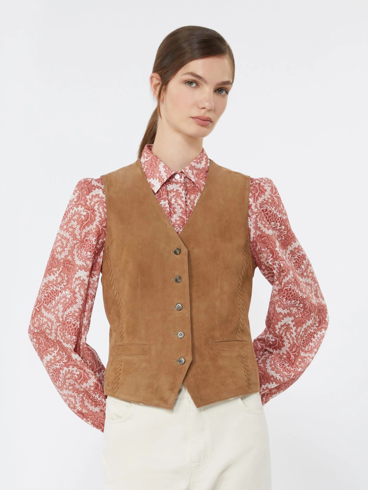 Max Mara Weekend Brown Suede Leather Fitted Waistcoat