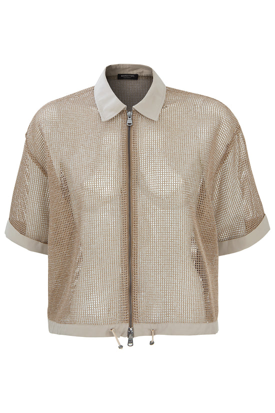 Margittes Beige Mesh Jacket with Shirt Collar, Half Sleeves & Drawstring Hem 562722524