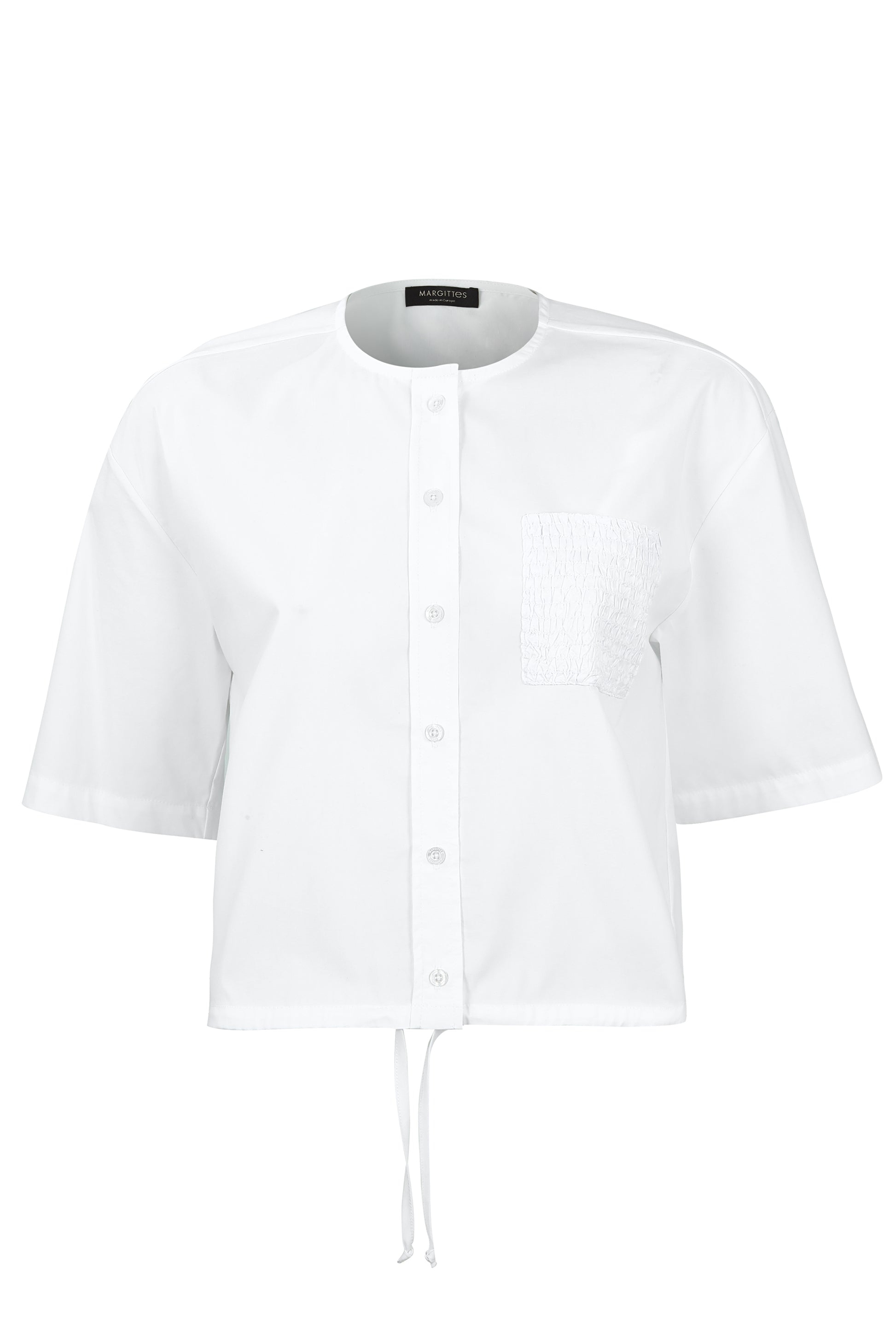 Margittes White Half Sleeve Round Neck Blouse with Button Front & Drawstring Hem 562782524