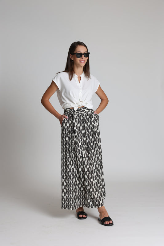 Sani Blu Patterned Maxi Skirt – Viscose Linen Blend, Elasticated Waist with Tie Belt 9124