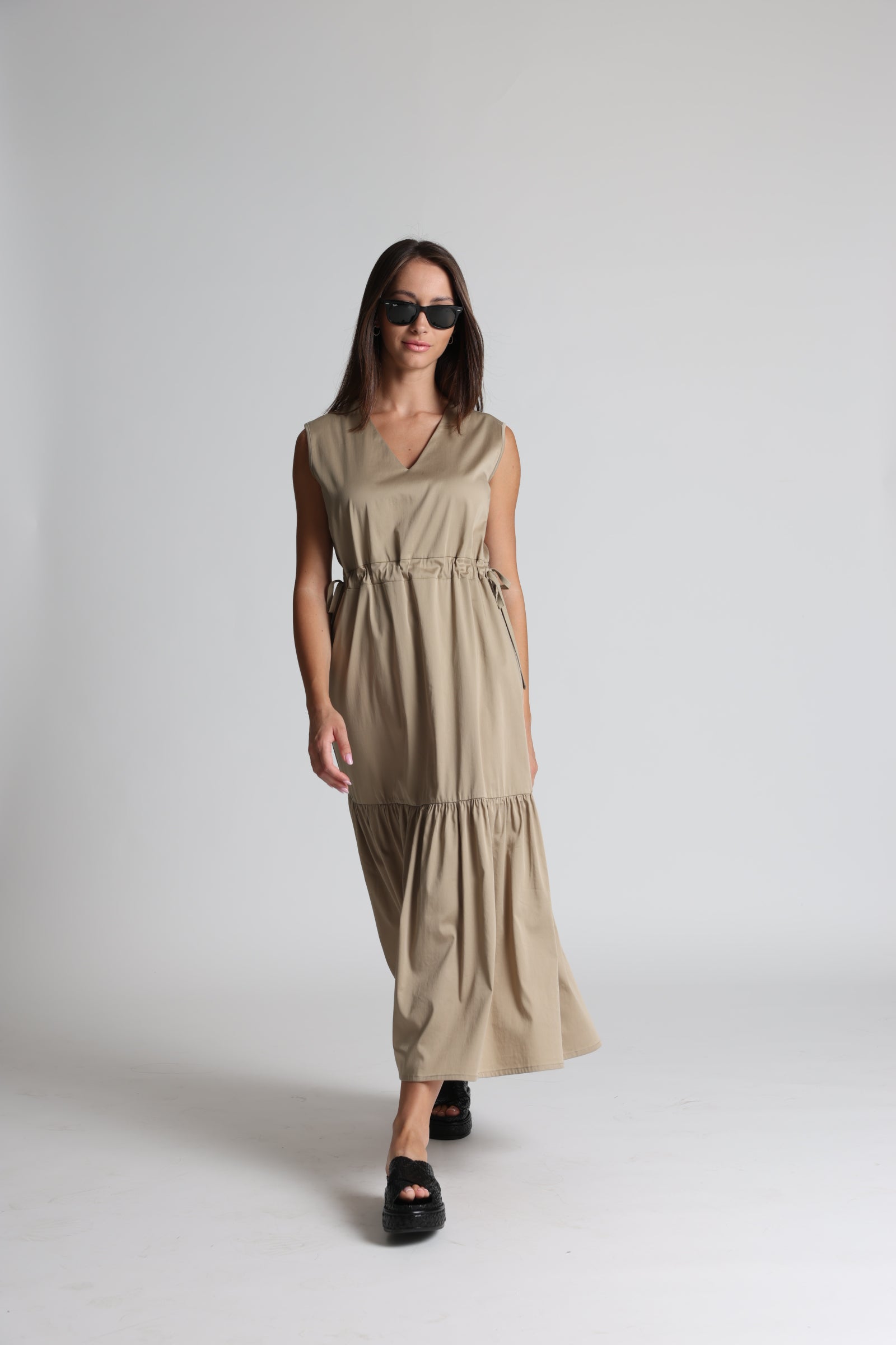 Sani Blu Sand Tiered Maxi Dress – Cotton Blend V-Neck Dress with Cap Sleeves & Drawstring Waist 9109