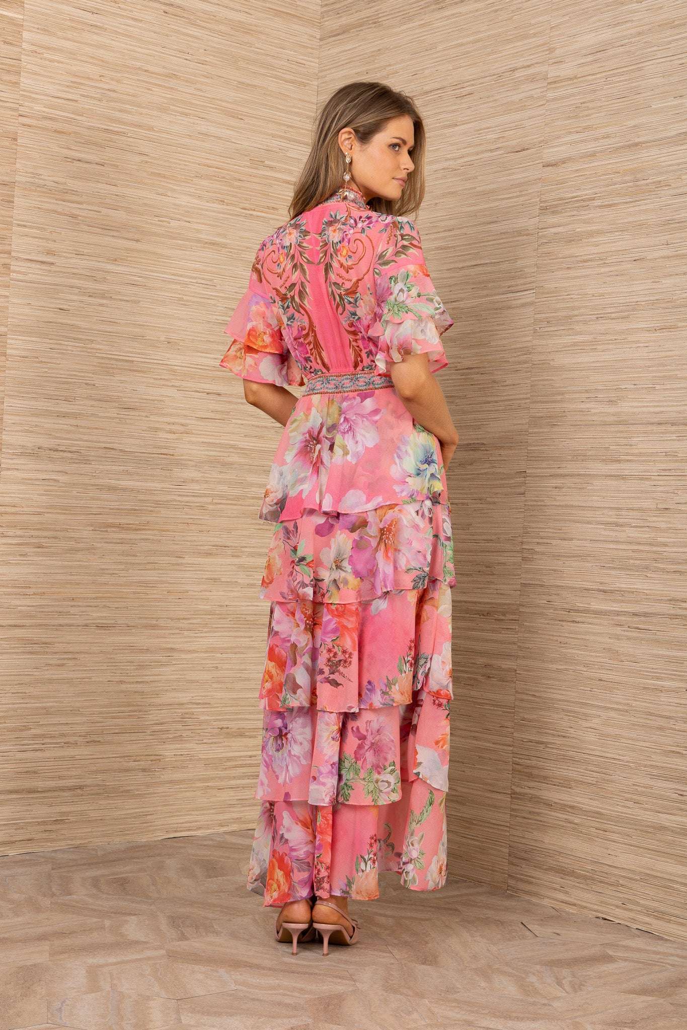 Hale Bob Coral Print Maxi Dress with Smocked Neck, Flutter Sleeves & Tiered Skirt 5YDG612A-CORAL