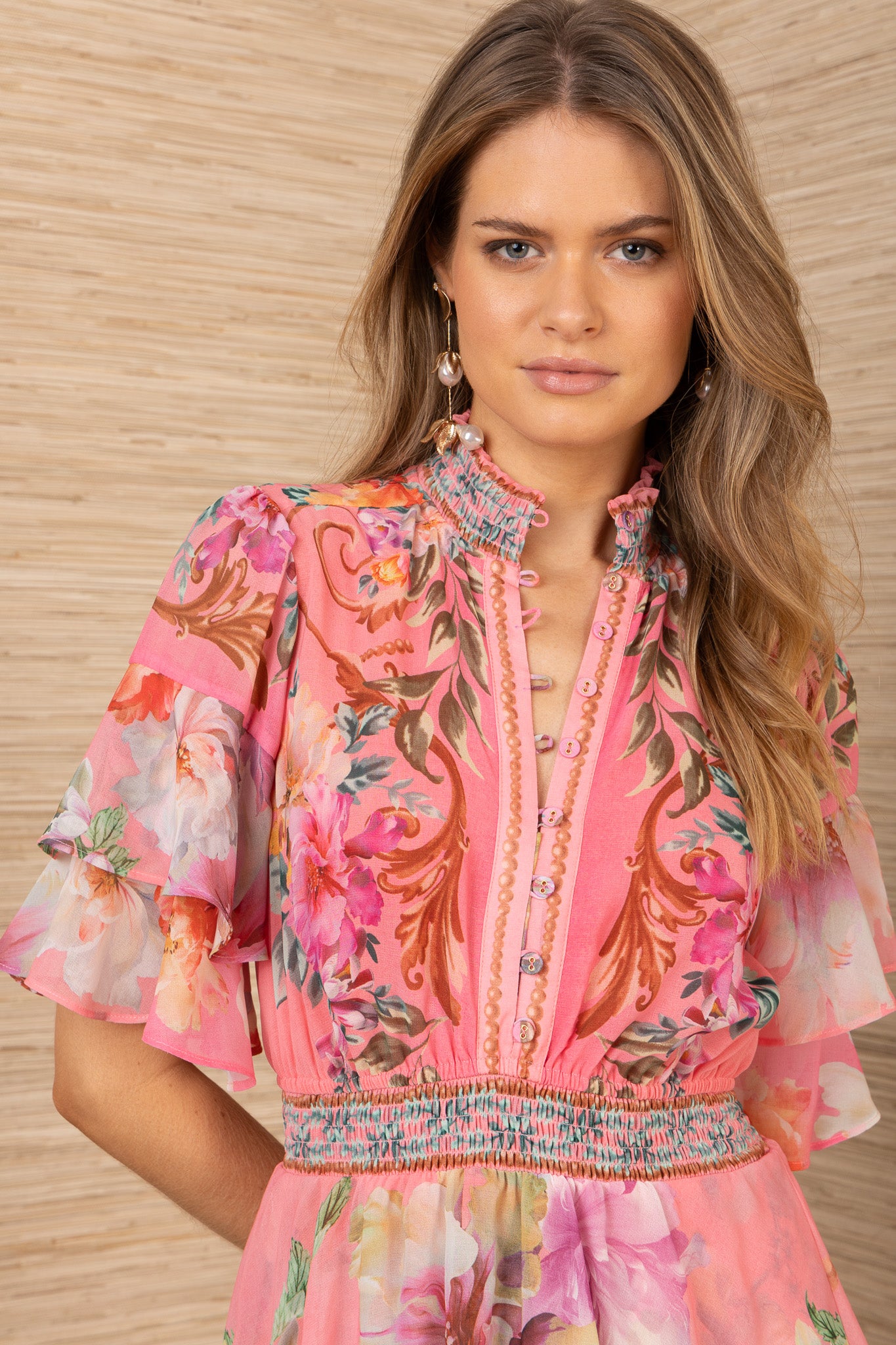 Hale Bob Coral Print Maxi Dress with Smocked Neck, Flutter Sleeves & Tiered Skirt 5YDG612A-CORAL