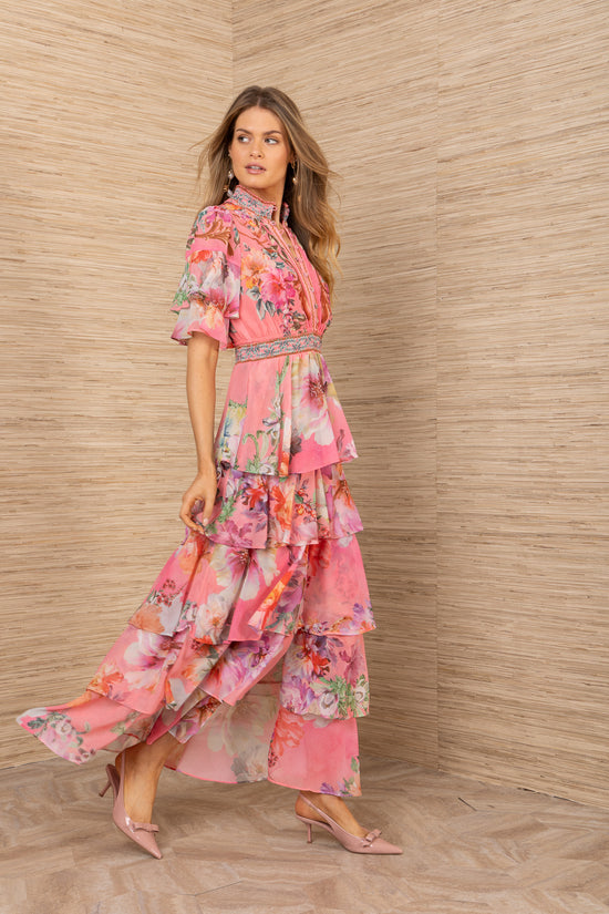 Hale Bob Coral Print Maxi Dress with Smocked Neck, Flutter Sleeves & Tiered Skirt 5YDG612A-CORAL