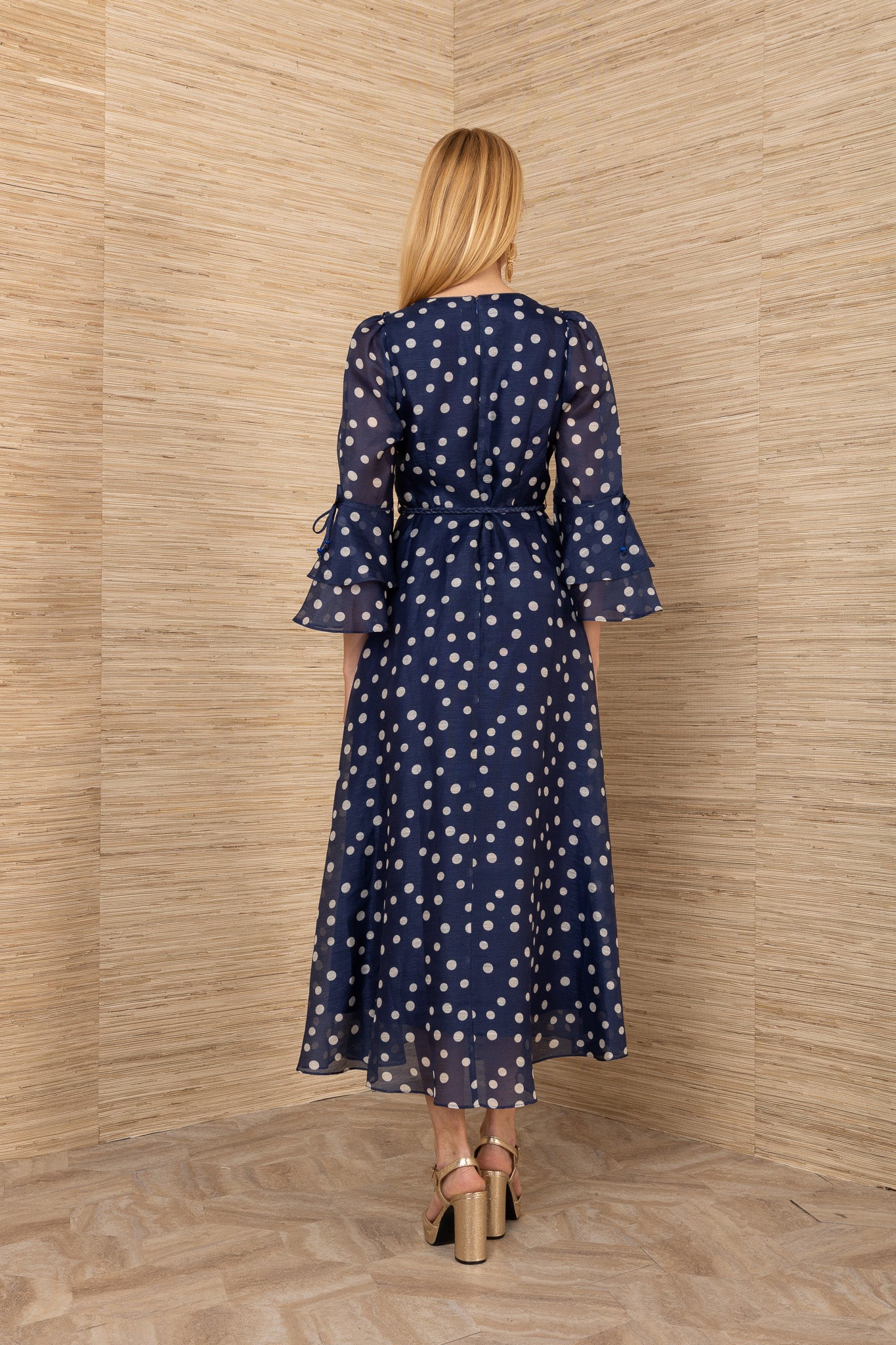 Hale Bob Navy with Beige Spot Silk Linen Blend Maxi Dress 5YET620M