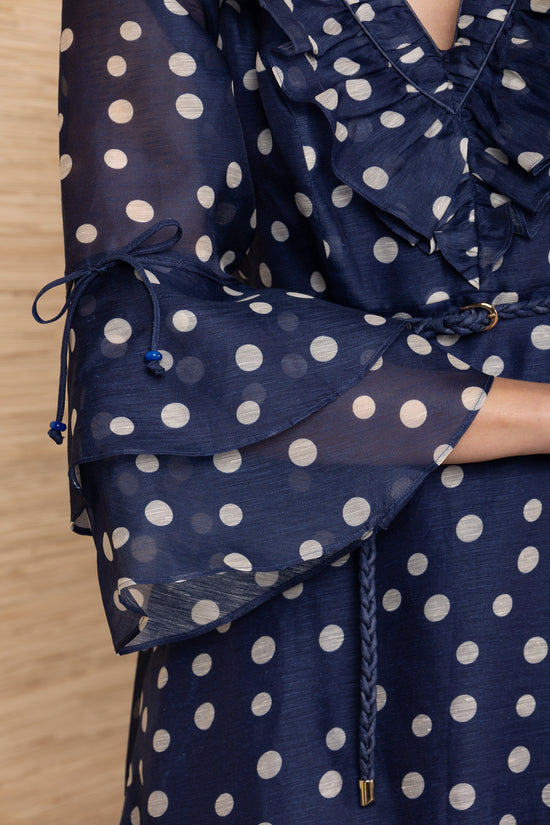 Hale Bob Navy with Beige Spot Silk Linen Blend Maxi Dress 5YET620M