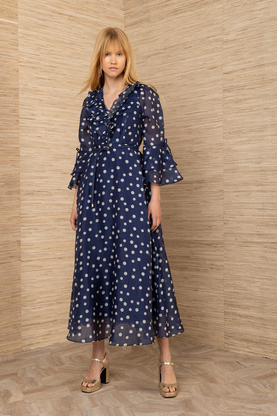 Hale Bob Navy with Beige Spot Silk Linen Blend Maxi Dress 5YET620M