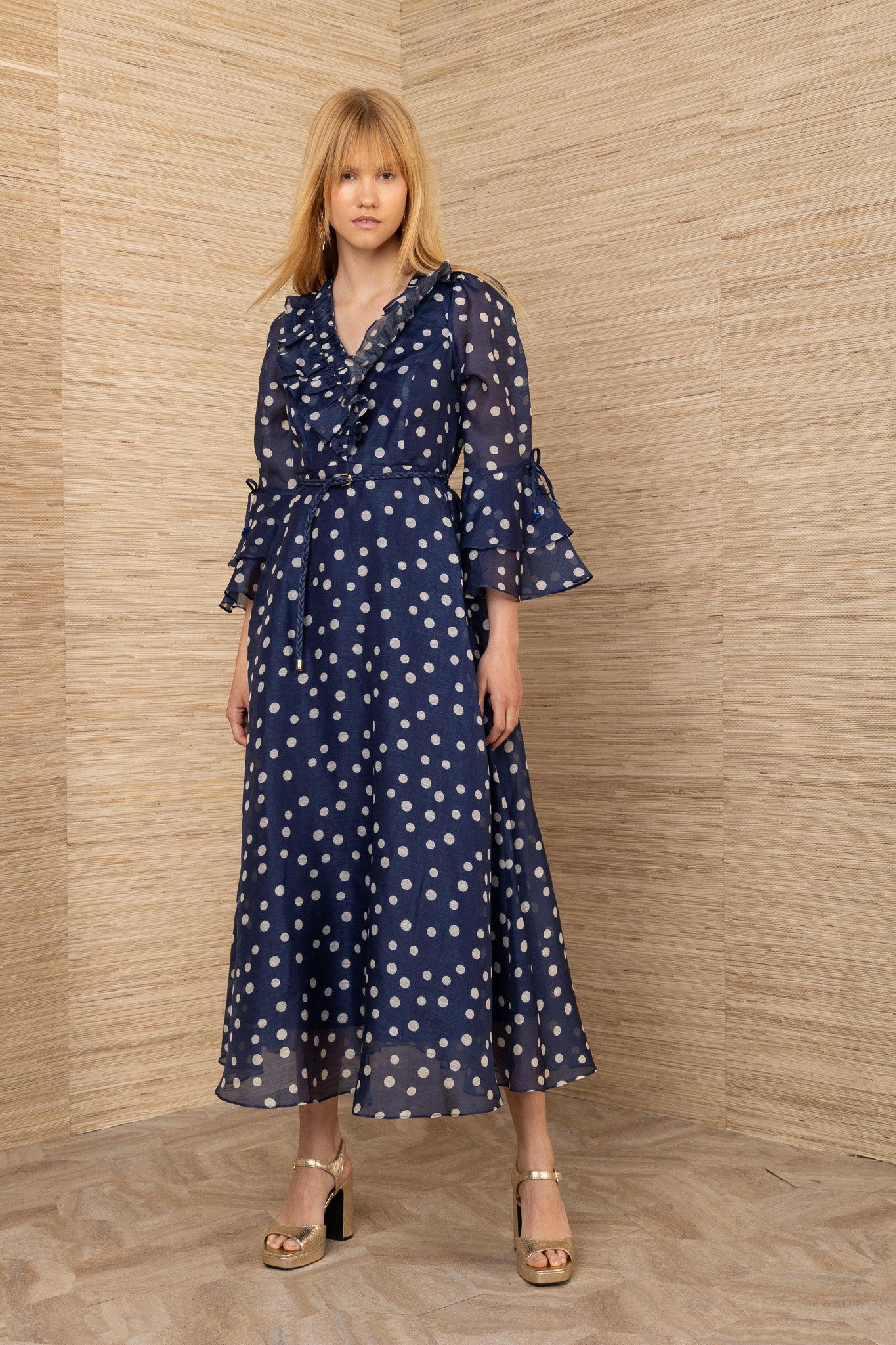 Hale Bob Navy with Beige Spot Silk Linen Blend Maxi Dress 5YET620M