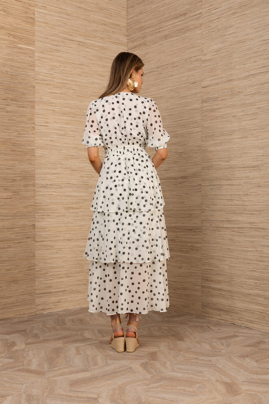 Hale Bob Ivory with Black Spot Print tiered v neck dress 5YET622A
