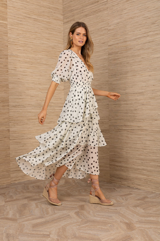 Hale Bob Ivory with Black Spot Print tiered v neck dress 5YET622A