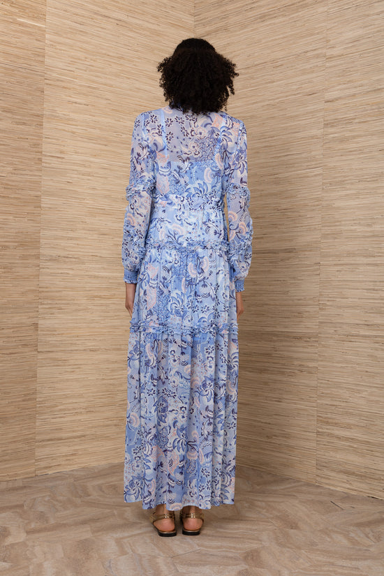 Hale Bob Blue Print Maxi Dress Belted Waist, Long Sleeves & Pockets 5YRF644A