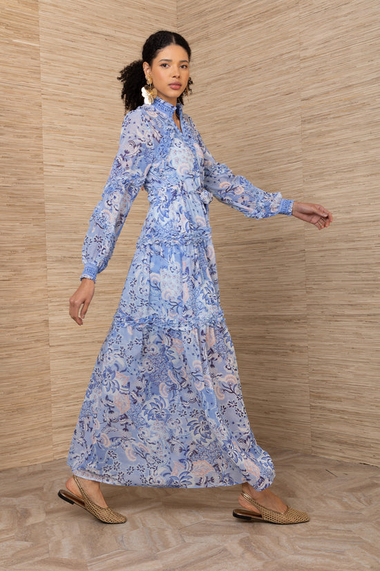 Hale Bob Blue Print Maxi Dress Belted Waist, Long Sleeves & Pockets 5YRF644A