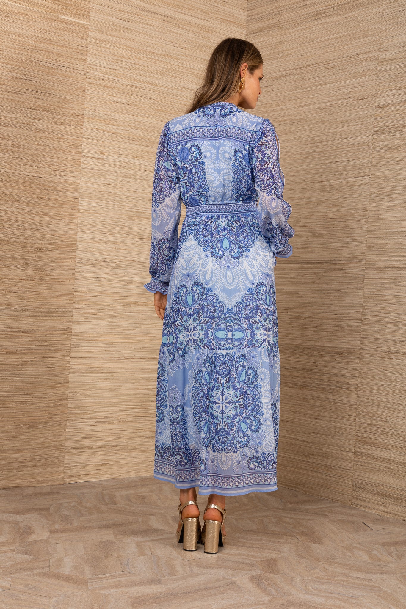 Hale Bob Blue Print Maxi Dress with Smocked Neck, Waist & Cuffs 5YTK662M