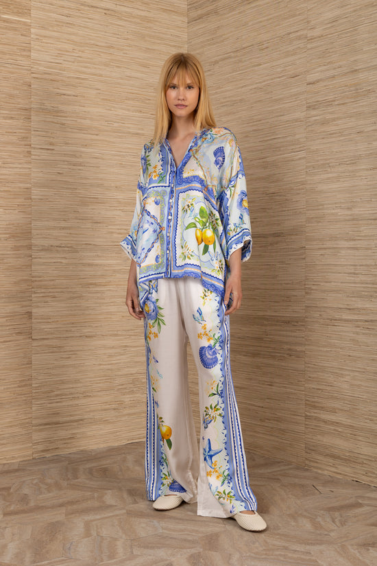 Hale Bob Silk-Blend Blue Print Blouse with Button Front & 3/4 Sleeves 5YXP272A