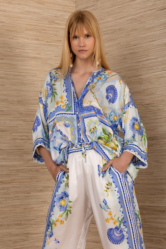 Hale Bob Silk-Blend Blue Print Blouse with Button Front & 3/4 Sleeves 5YXP272A