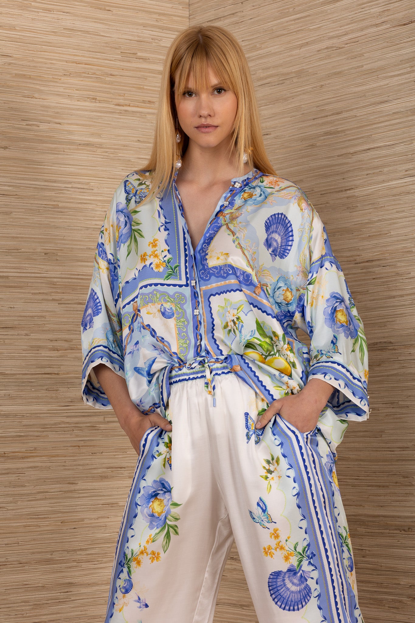 Hale Bob Silk-Blend Blue Print Blouse with Button Front & 3/4 Sleeves 5YXP272A