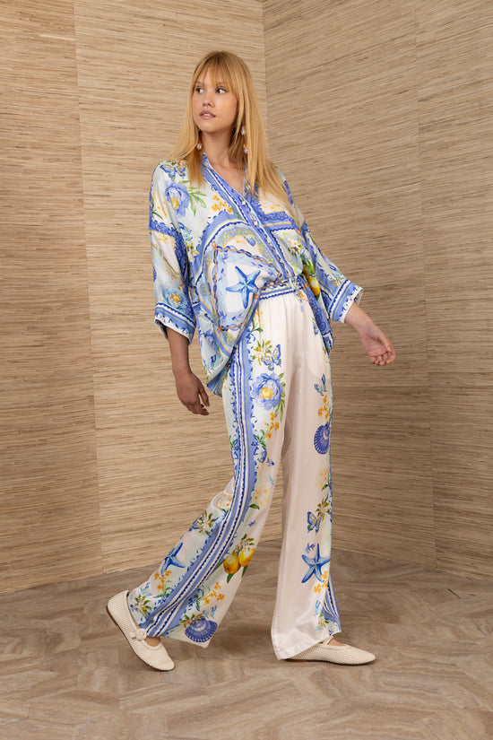 Hale Bob Silk-Blend Blue Print Blouse with Button Front & 3/4 Sleeves 5YXP272A