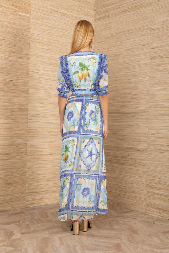 Hale Bob Blue Print Maxi Dress with Smocked Neck & Waist 5YXP670A