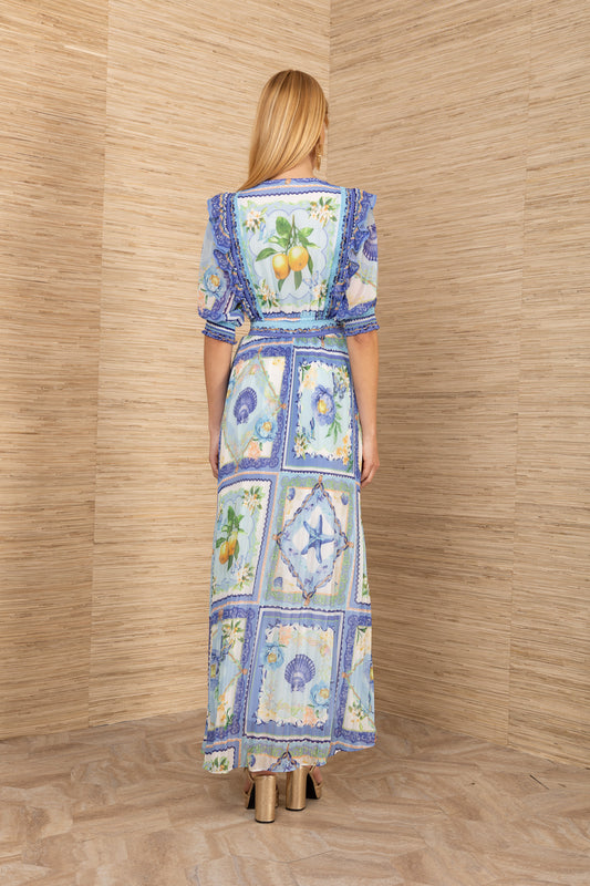 Hale Bob Blue Print Maxi Dress with Smocked Neck & Waist 5YXP670A