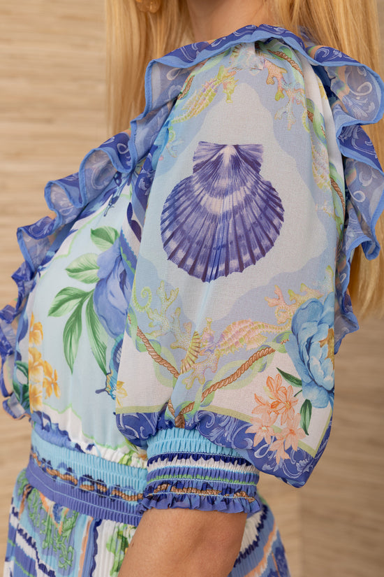 Hale Bob Blue Print Maxi Dress with Smocked Neck & Waist 5YXP670A