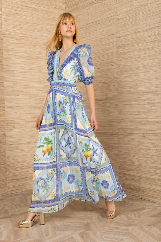 Hale Bob Blue Print Maxi Dress with Smocked Neck & Waist 5YXP670A