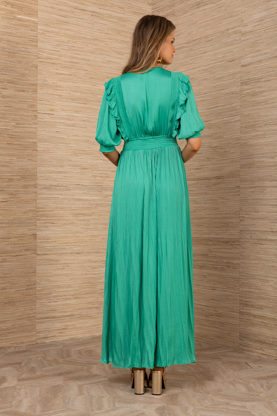 Hale Bob Green Maxi Dress with Smocked Neck and Waist 5YXP670S