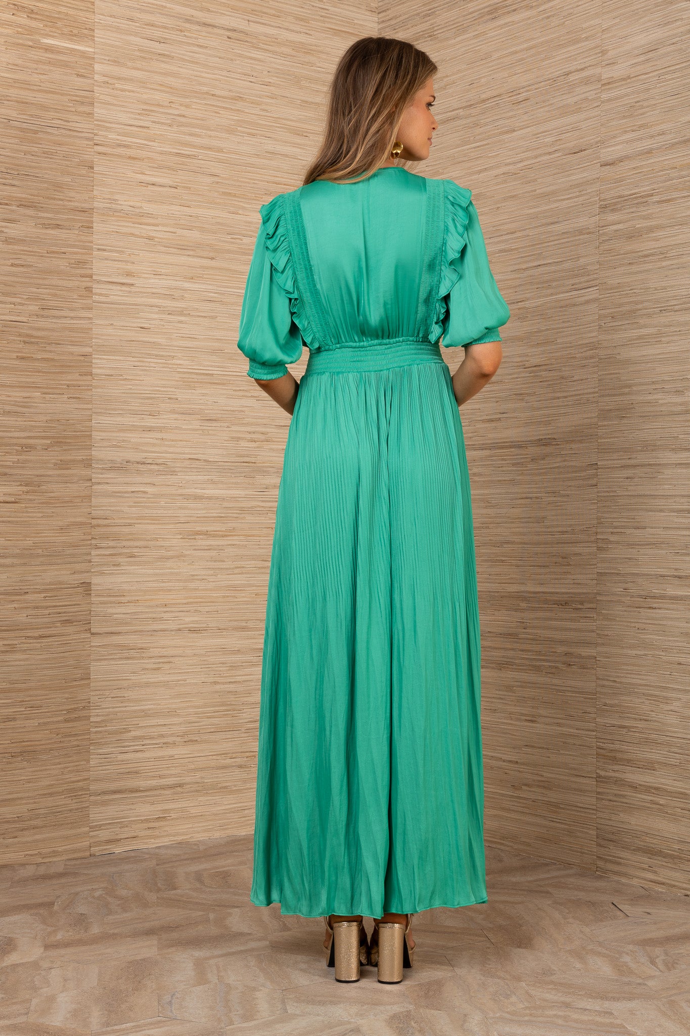 Hale Bob Green Maxi Dress with Smocked Neck and Waist 5YXP670S