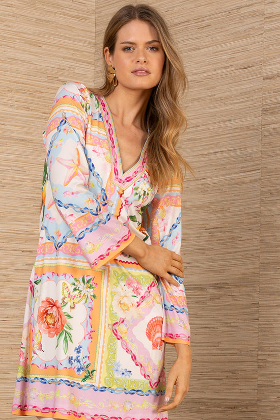 Hale Bob Orange Print Midi Dress with V-Neck, Bell Sleeves & Pockets 5YXP672A